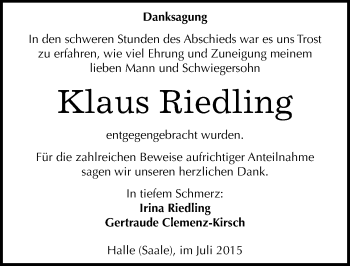 Traueranzeige von Klaus Riedling von Mitteldeutsche Zeitung Halle/Saalkreis