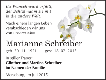 Traueranzeige von Marianne Schreiber von Mitteldeutsche Zeitung Merseburg/Querfurt