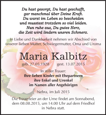 Traueranzeige von Maria Kalbitz von Mitteldeutsche Zeitung Naumburg/Nebra