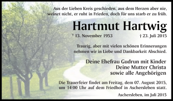 Traueranzeige von Hartmut Hartwig von WVG - Wochenspiegel Quedlinburg