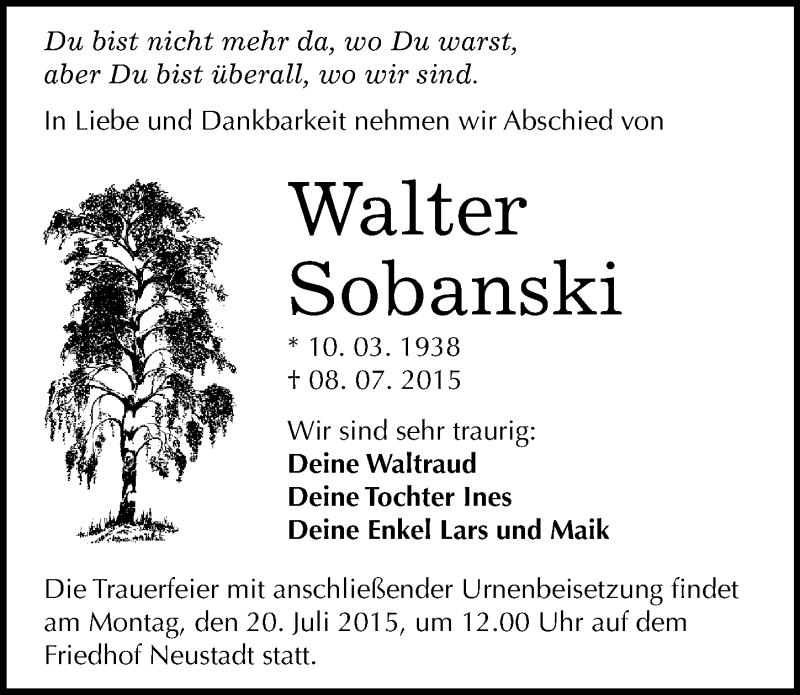  Traueranzeige für Walter Sobanski vom 16.07.2015 aus Mitteldeutsche Zeitung Halle/Saalkreis