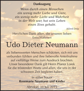 Traueranzeige von Udo Dieter Neumann von Mitteldeutsche Zeitung Wittenberg