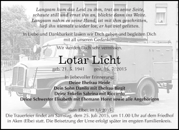 Traueranzeige von Lotar Licht von WVG - Wochenspiegel Dessau / Köthen