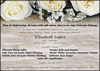 Traueranzeige von Elisabeth Seifert von Mitteldeutsche Zeitung Zeitz