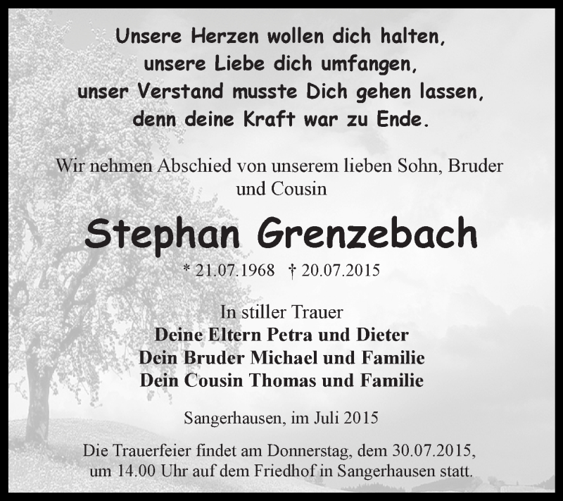  Traueranzeige für Stephan Grenzebach vom 25.07.2015 aus Super Sonntag SGH Mansf. Land