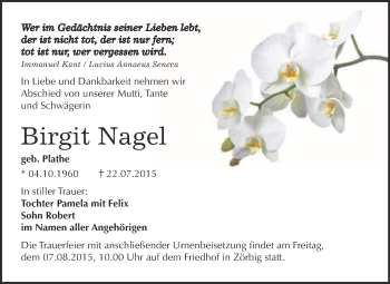 Traueranzeige von Birgit Nagel von WVG - Wochenspiegel Bitterfeld