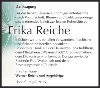 Traueranzeige von Erika Reiche von WVG - Wochenspiegel Dessau / Köthen