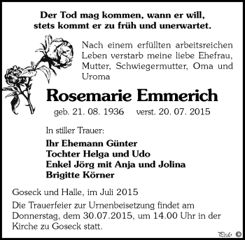 Traueranzeige von Rosemarie Emmerich von Mitteldeutsche Zeitung Weißenfels