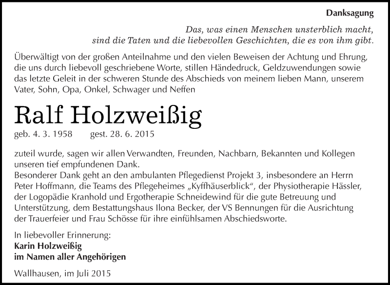  Traueranzeige für Ralf Holzweißig vom 25.07.2015 aus Super Sonntag SGH Mansf. Land