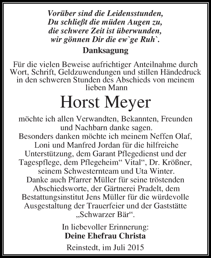  Traueranzeige für Horst Meyer vom 25.07.2015 aus Super Sonntag Aschersleben