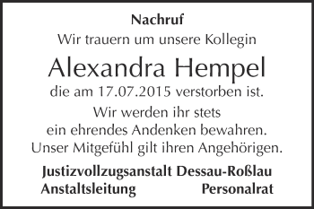 Traueranzeige von Alexandra Hempel von WVG - Wochenspiegel Dessau / Köthen