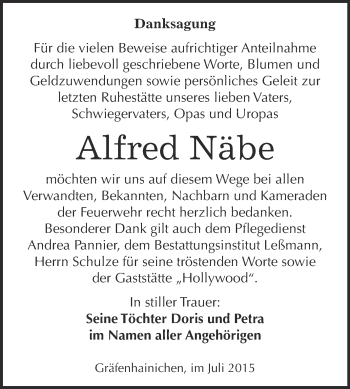 Traueranzeige von Alfred Näbe von WVG - Wochenspiegel Wittenberg