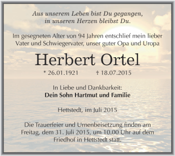 Traueranzeige von Herbert Ortel von Super Sonntag SGH Mansf. Land