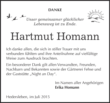 Traueranzeige von Hartmut Homann von WVG - Wochenspiegel Quedlinburg