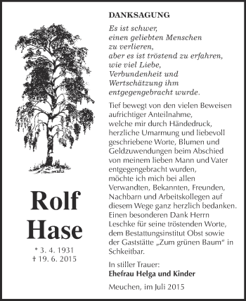 Traueranzeige von Rolf Hase von Super Sonntag Merseburg