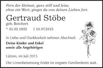 Traueranzeige von Gertraud Stöbe von WVG - Wochenspiegel Merseburg
