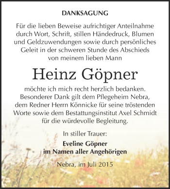 Traueranzeige von Heinz Göpner von WVG - Wochenspiegel NMB / WSF / ZTZ