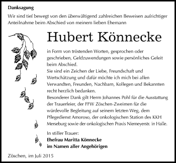 Traueranzeige von Hubert Könnecke von Mitteldeutsche Zeitung Merseburg/Querfurt
