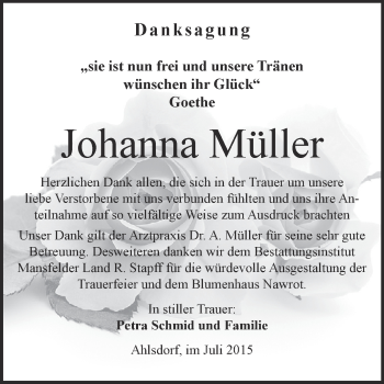Traueranzeige von Johanna Müller von Super Sonntag SGH Mansf. Land