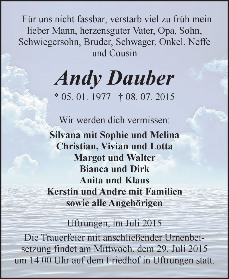  Traueranzeige für Andy Dauber vom 25.07.2015 aus Super Sonntag SGH Mansf. Land