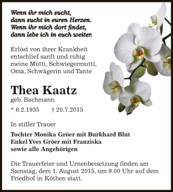 Traueranzeige von Thea Kaatz von WVG - Wochenspiegel Dessau / Köthen