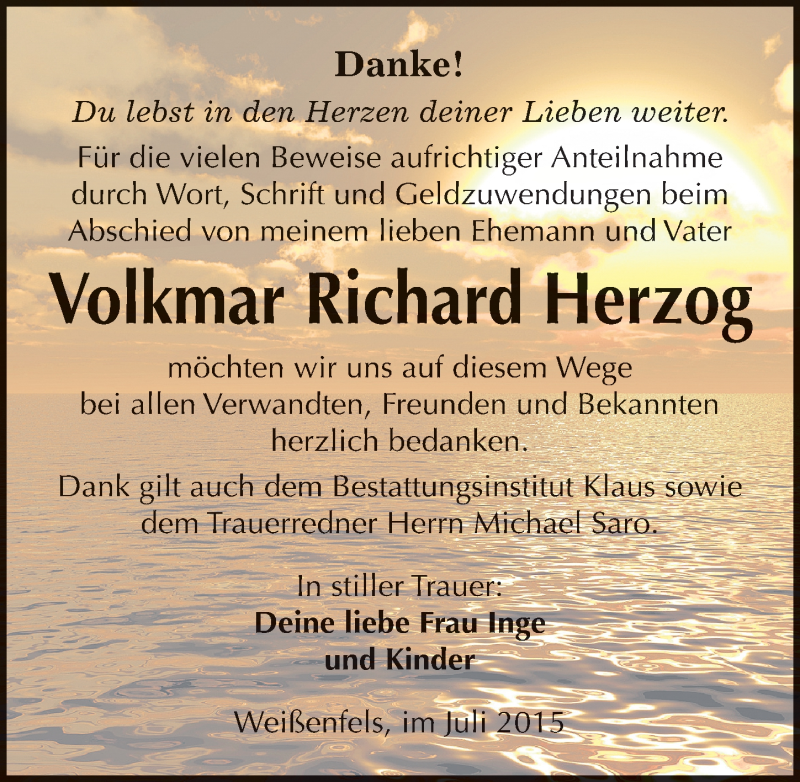  Traueranzeige für Volkmar Richard Herzog vom 22.07.2015 aus Mitteldeutsche Zeitung Weißenfels