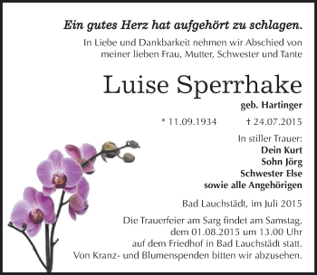 Traueranzeige von Luise Sperrhake von Mitteldeutsche Zeitung Merseburg/Querfurt
