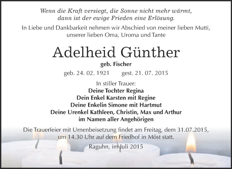  Traueranzeige für Adelheid Günther vom 29.07.2015 aus WVG - Wochenspiegel Bitterfeld