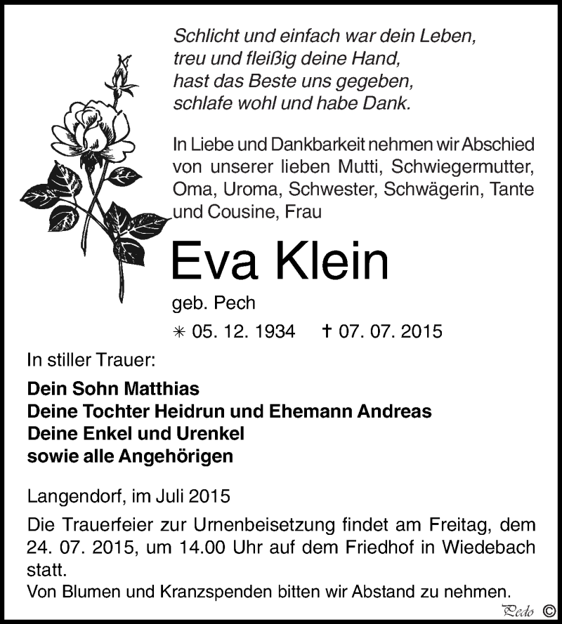  Traueranzeige für Eva Klein vom 15.07.2015 aus WVG - Wochenspiegel NMB / WSF / ZTZ