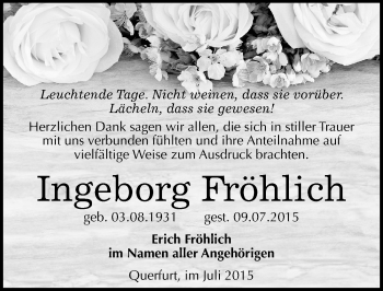 Traueranzeige von Ingeborg Fröhlich von Mitteldeutsche Zeitung Merseburg/Querfurt