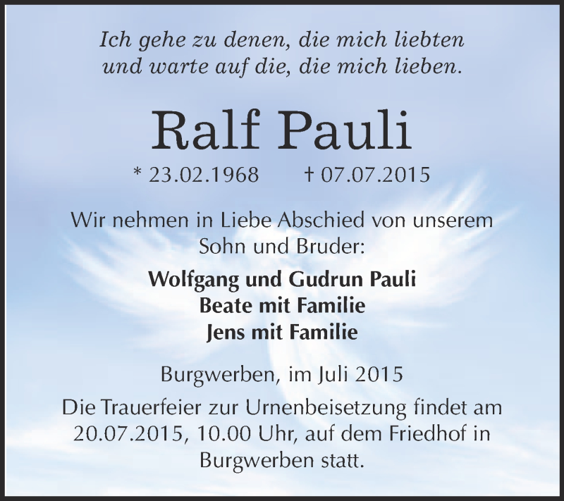  Traueranzeige für Ralf Pauli vom 15.07.2015 aus WVG - Wochenspiegel NMB / WSF / ZTZ