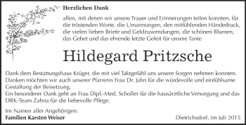 Traueranzeige von Hildegard Pritzsche von WVG - Wochenspiegel Wittenberg