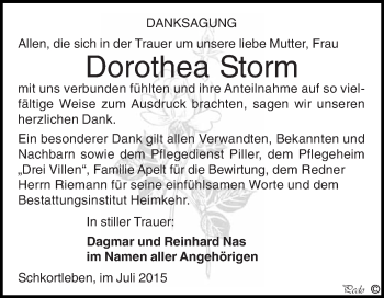 Traueranzeige von Dorothea Storm von WVG - Wochenspiegel NMB / WSF / ZTZ
