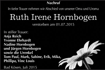 Traueranzeige von Ruth Irene Hornbogen von WVG - Wochenspiegel NMB / WSF / ZTZ