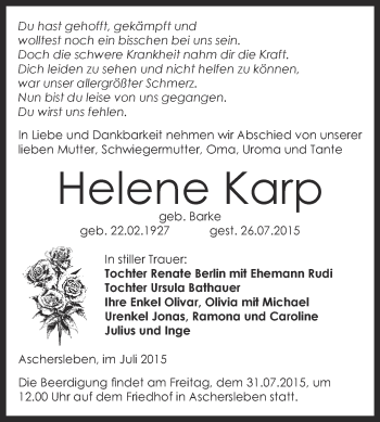Traueranzeige von Helene Karp von Super Sonntag Aschersleben