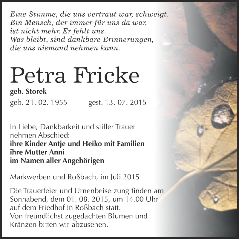  Traueranzeige für Petra Fricke vom 22.07.2015 aus WVG - Wochenspiegel Merseburg