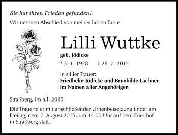 Traueranzeige von Lilli Wuttke von Mitteldeutsche Zeitung Quedlinburg