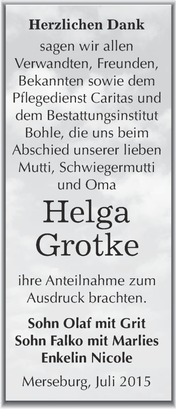 Traueranzeige von Helga Grotke von Super Sonntag Merseburg
