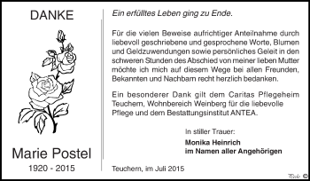 Traueranzeige von Marie Postel von WVG - Wochenspiegel NMB / WSF / ZTZ