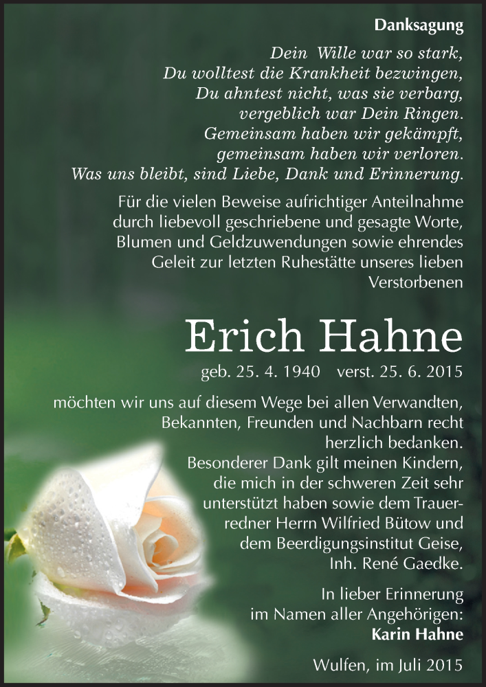  Traueranzeige für Erich Hahne vom 29.07.2015 aus Mitteldeutsche Zeitung Köthen