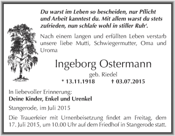 Traueranzeige von Ingeborg Ostermann von Wochenspiegel Mansfelder Land