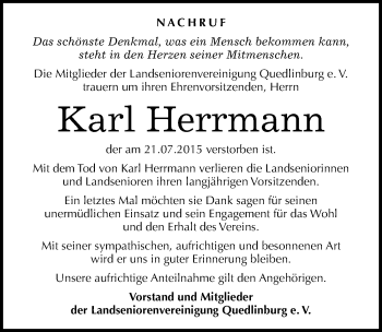 Traueranzeige von Karl Herrmann von Mitteldeutsche Zeitung Quedlinburg