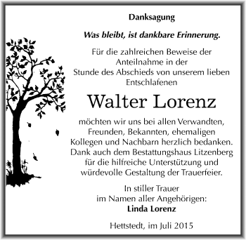 Traueranzeige von Walter Lorenz von Mitteldeutsche Zeitung Mansfelder Land