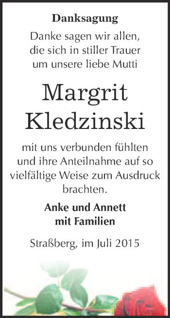 Traueranzeige von Margrit Kledzinski von WVG - Wochenspiegel Quedlinburg