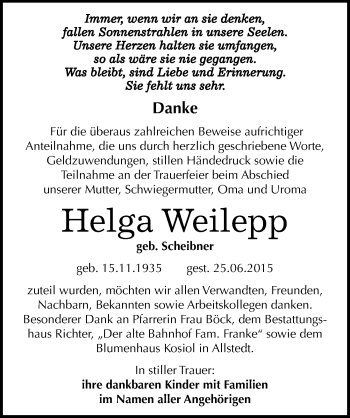 Traueranzeige von Helga Weilepp von Mitteldeutsche Zeitung Sangerhausen