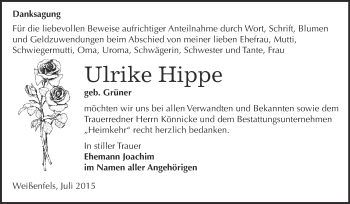 Traueranzeige von Ulrike Hippe von WVG - Wochenspiegel NMB / WSF / ZTZ