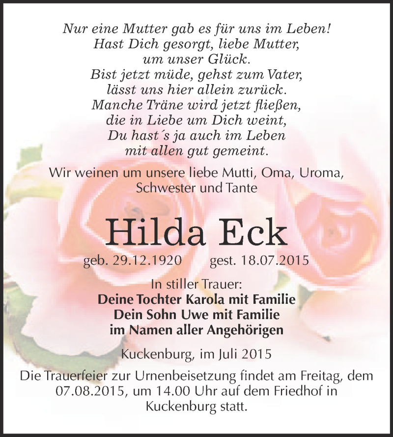  Traueranzeige für Hilda Eck vom 29.07.2015 aus WVG - Wochenspiegel NMB / WSF / ZTZ