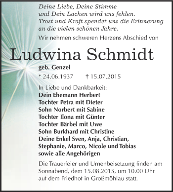 Traueranzeige von Ludwina Schmidt von WVG - Wochenspiegel Wittenberg
