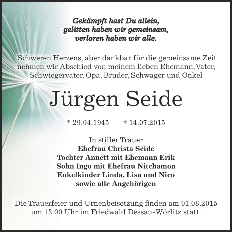 Traueranzeige für Jürgen Seide vom 25.07.2015 aus WVG - Wochenspiegel Dessau / Köthen