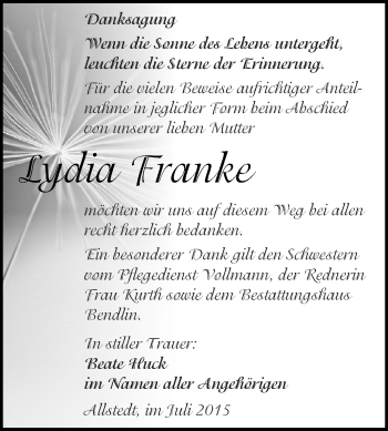 Traueranzeige von Lydia Franke von WVG - Wochenspiegel SGH